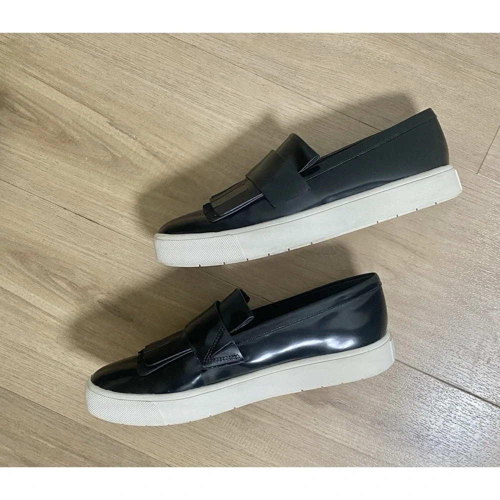 Vince Women's Coventry Black Patent Leather Slip On Kiltie Loafers Shoes Size 6‎